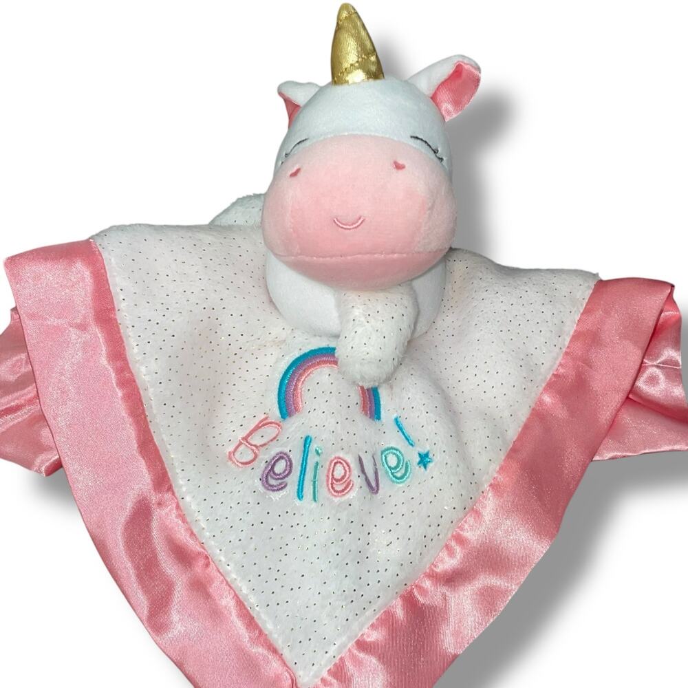 Magic Years Pink Unicorn Lovey Security Blanket Believe Rainbow Rattle Satin 13"